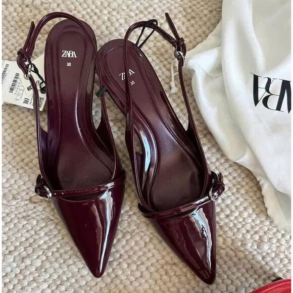 ZARA Cherry Red Patent Slingback Heels w/ Buckle Detail NWT (Sz 7.5) - Picture 6 of 16